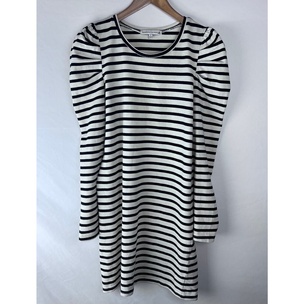 Rebecca Minkoff Dress Talia Puff Shoulder Black White Striped Size Small